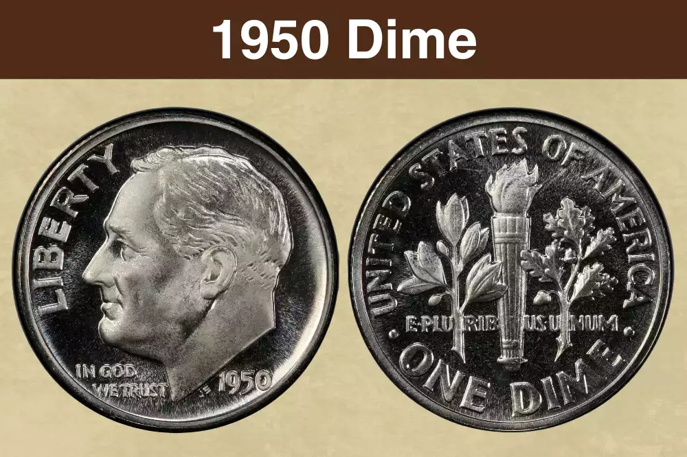 1950 Roosevelt dime obverse and reverse showing FDR portrait and torch design