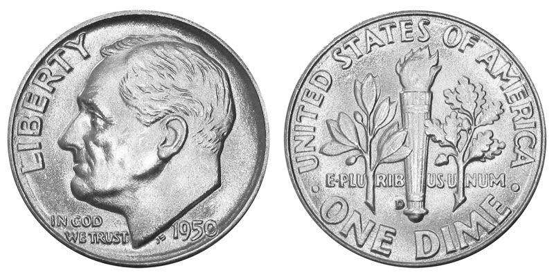 Comparison of common 1950-D dime reverse versus the rare DDR FS-801 showing doubling on inscriptions
