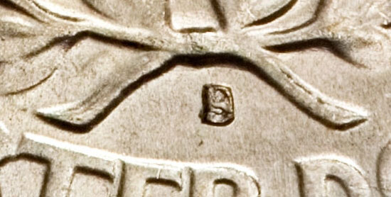 1950-D over S overmintmark dime showing D mintmark with S curve visible underneath