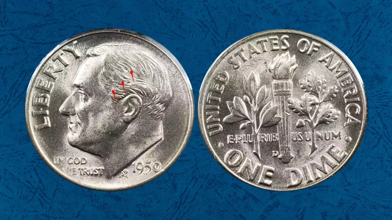 1950 Roosevelt dime die crack error showing raised line across obverse or reverse from die metal fatigue