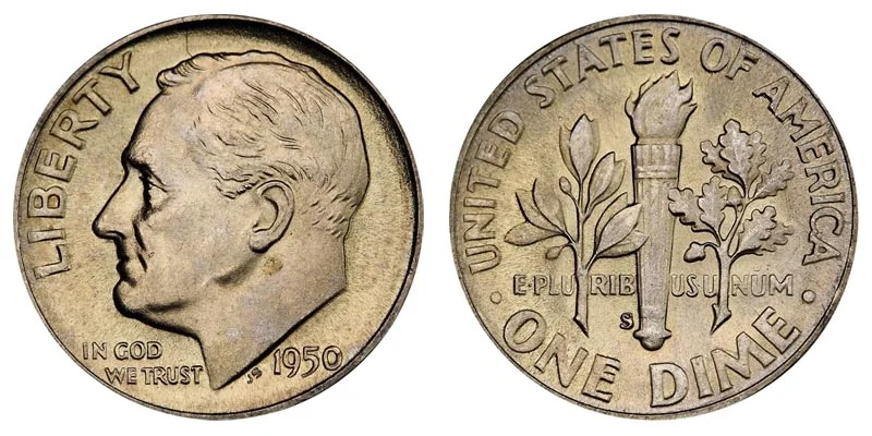 1950 Roosevelt dime group showing Philadelphia, Denver, and San Francisco mintmarks side by side